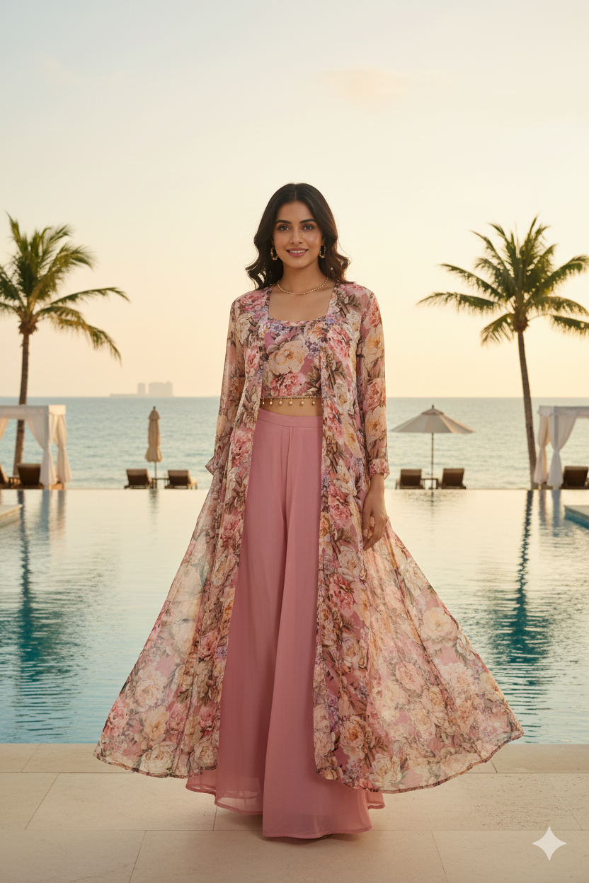 Woman in a floral outfit standing by a pool with palm trees and ocean view